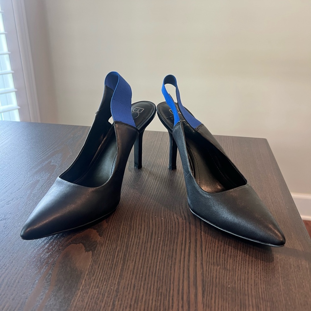 BCBG Black Pointed-Toe Slingback Heels with Blue Elastic Strap